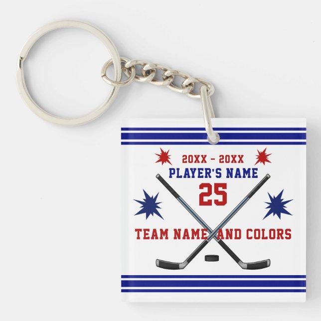 Red, White and Blue Hockey Gifts, Personalised Key Ring (Front)