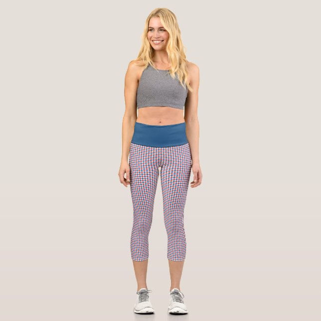 Red White and Blue Hounds tooth Yoga 4th July Capri Leggings (Front)