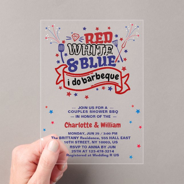 Red White and Blue i do BBQ Couple Bridal shower  Acrylic Invitations (Insitu (Handheld))