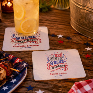 Red White and Blue i do BBQ Couple Bridal shower Square Paper Coaster