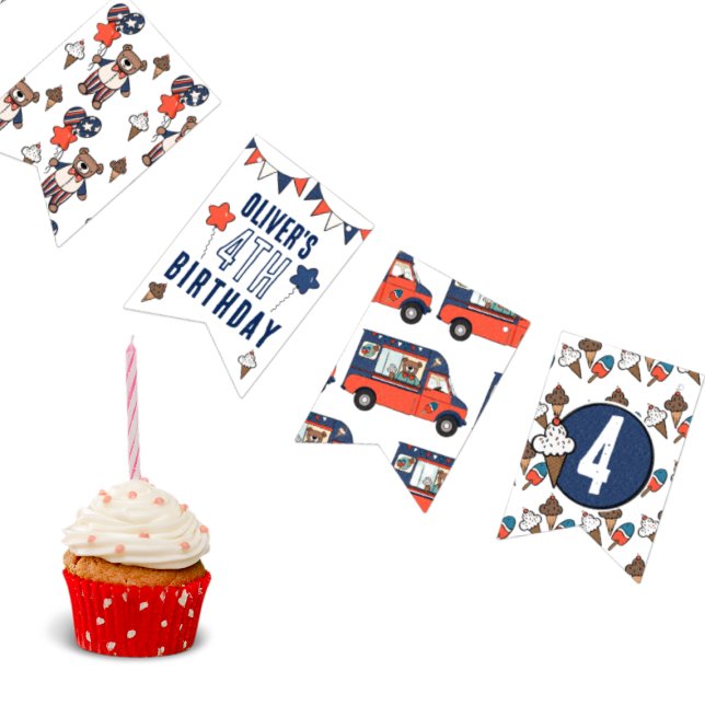 Red White and Blue Ice Cream Bear Birthday  Bunting (Birthday Banner for Summer Red White and Blue Birthday)