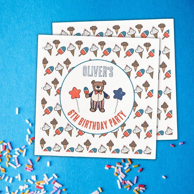 Red White and Blue Ice Cream Party Birthday Napkin (Personalized Birthday Bear Ice Cream Party Napkins)