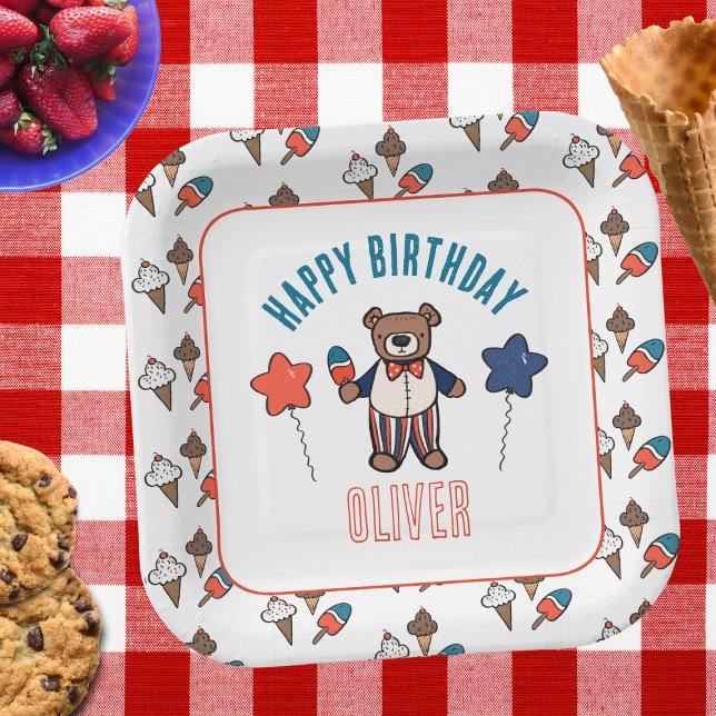 Red White and Blue Ice Cream Party Birthday Paper Plate (Personalized 4th of July Bear Birthday Party Plate)