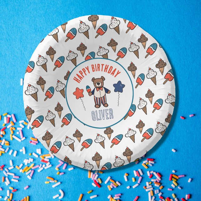Red White and Blue Ice Cream Party Birthday Paper Plate (Cute 4th of July Ice Cream Party Birthday Bowl)