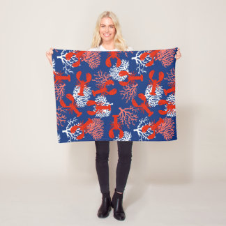 Red White and Blue Lobsters Coastal Patterned Fleece Blanket