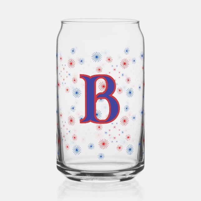 Red White and Blue Monogram Fireworks  Can Glass (Front)