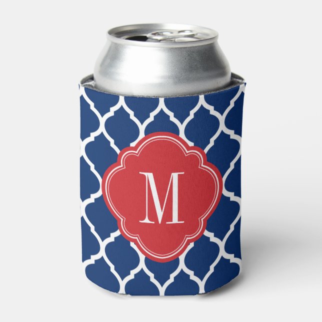 Red White and Blue Moroccan Quatrefoil Monogram Can Cooler (Can Front)