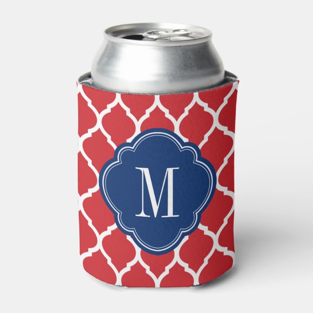 Red White and Blue Moroccan Quatrefoil Monogram Can Cooler (Can Front)