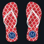 Red White and Blue Moroccan Quatrefoil Monogram Jandals<br><div class="desc">Custom printed flip flop sandals with a stylish Moroccan quatrefoil pattern and your custom monogram or other text in a circle frame. Click Customise It to change text fonts and colours or add your own images to create a unique one of a kind design!</div>