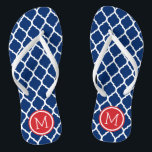 Red White and Blue Moroccan Quatrefoil Monogram Jandals<br><div class="desc">Custom printed flip flop sandals with a stylish Moroccan quatrefoil pattern and your custom monogram or other text in a circle frame. Click Customise It to change text fonts and colours or add your own images to create a unique one of a kind design!</div>