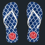 Red White and Blue Moroccan Quatrefoil Monogram Jandals<br><div class="desc">Custom printed flip flop sandals with a stylish Moroccan quatrefoil pattern and your custom monogram or other text in a circle frame. Click Customise It to change text fonts and colours or add your own images to create a unique one of a kind design!</div>