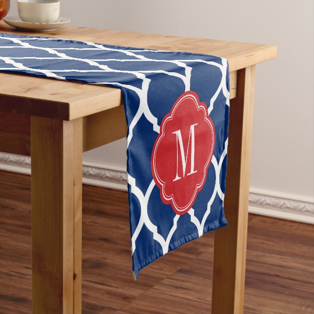 Red White and Blue Moroccan Quatrefoil Monogram Short Table Runner (In Situ)