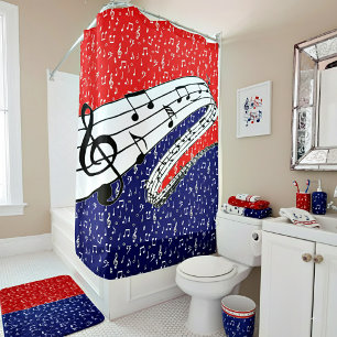 Red white and blue music shower curtain