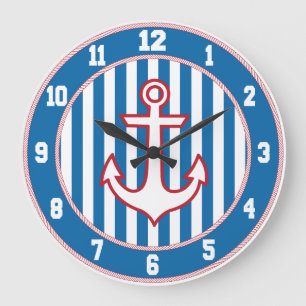Red White and Blue Nautical Anchor Clock