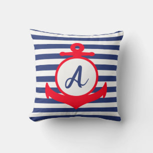 Red, White, and Blue Nautical Anchor with Initial Cushion