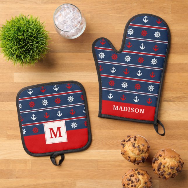 Red White And Blue Nautical Pattern Oven Mitt & Pot Holder Set (Top Down)