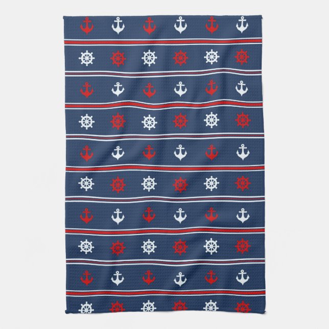 Red White And Blue Nautical Pattern Tea Towel (Vertical)