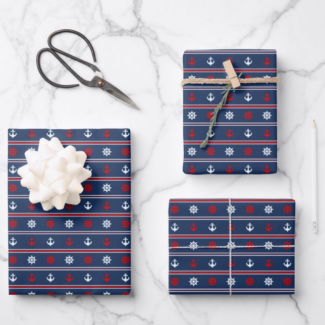 Red White And Blue Nautical Pattern Wrapping Paper Sheet (Front)