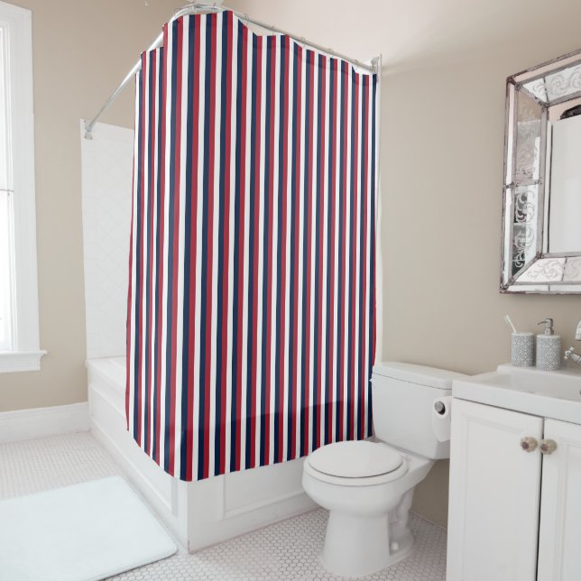 Red, White and Blue Nautical Stripe Shower Curtain (In Situ)