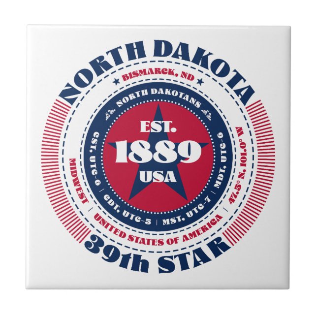 Red, White, and Blue North Dakota Ceramic Tile (Front)