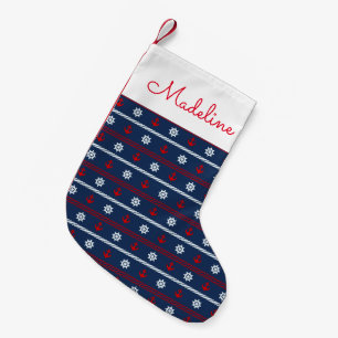 Red White And Blue Ocean Pattern Add Your Name Small Christmas Stocking