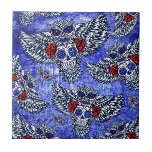 Red white and blue owl with sugar skull pattern tile