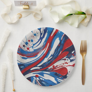 Red White And Blue Paint Pour Swirl Paper Plate