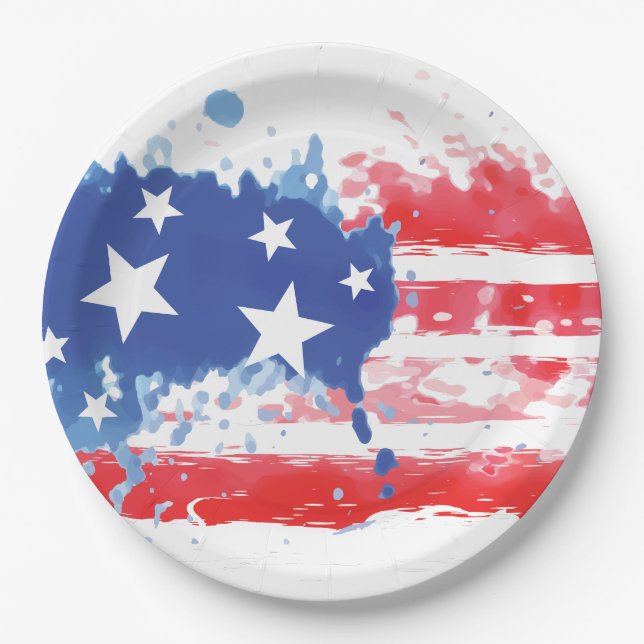 Red White and Blue Paint Splatter American Flag Paper Plate (Front)