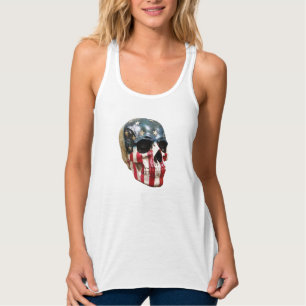 Red White and Blue painted realistic skull on a Singlet