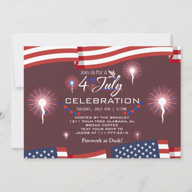 Red White and Blue Patriotic Firework 4th of July  Invitation (Front)
