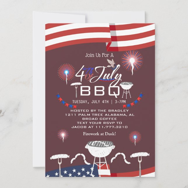 Red White and Blue Patriotic Firework 4th of July  Invitation (Front)