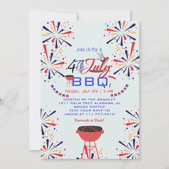 Red White and Blue Patriotic Firework 4th of July  Invitation (Front)
