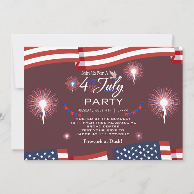 Red White and Blue Patriotic Firework 4th of July  Invitation (Front)
