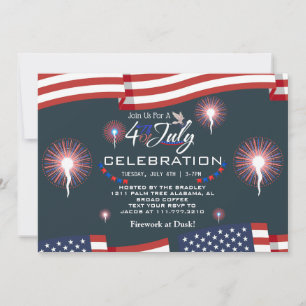 Red White and Blue Patriotic Firework 4th of July  Invitation