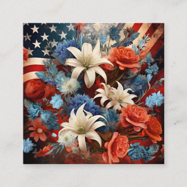 Red White and Blue Patriotic Floral Art Square Business Card (Front)