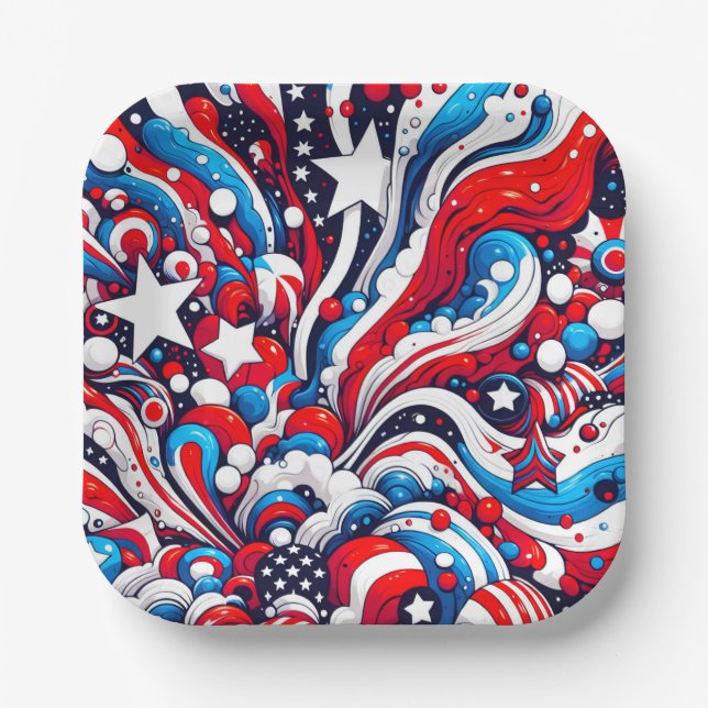 Red, White and Blue Patriotic Fourth of July  Paper Plate (Front)