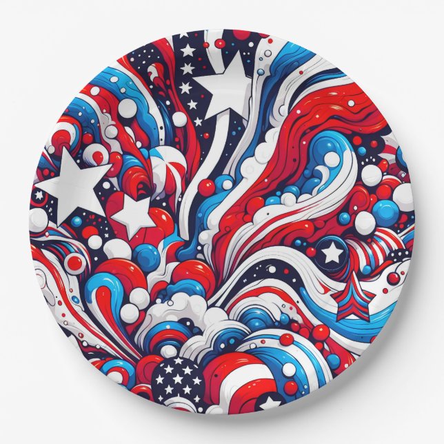 Red, White and Blue Patriotic Fourth of July  Paper Plate (Front)