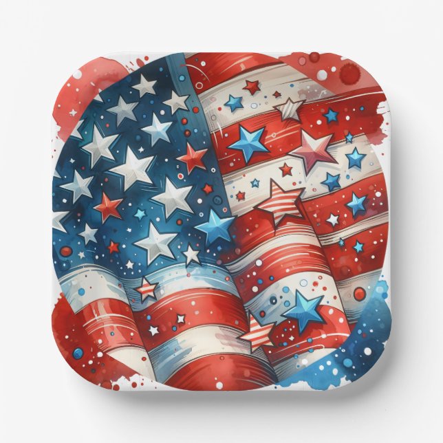 Red, White and Blue Patriotic Fourth of July Party Paper Plate (Front)