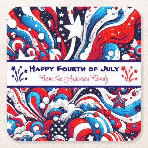 Red, White and Blue Patriotic Personalised Square Paper Coaster