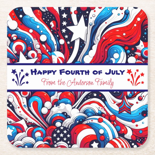 Red, White and Blue Patriotic Personalised Square Paper Coaster (Front)