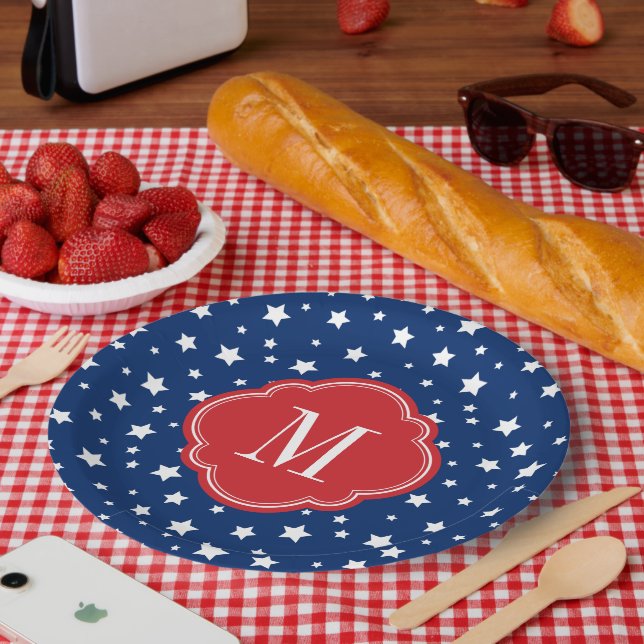 Red White and Blue Patriotic Stars Monogram Paper Plate (Picnic)