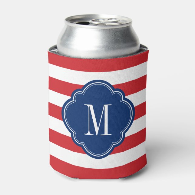 Red White and Blue Patriotic Stripes Monogram Can Cooler (Can Front)