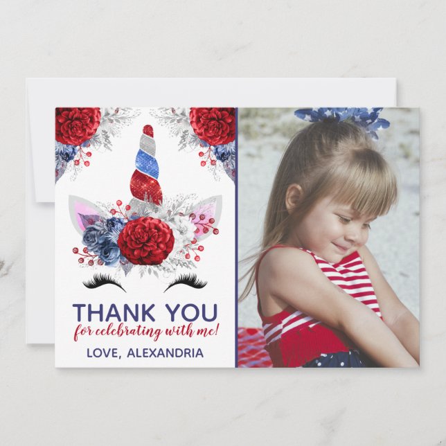Red, White and Blue Patriotic Unicorn Thank You Invitation (Front)