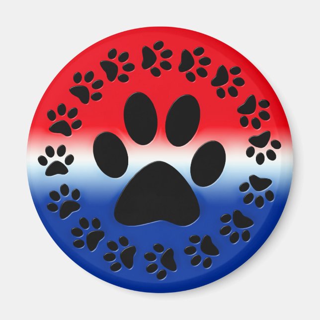 Red White and Blue Paw Prints Circle Magnet (Front)