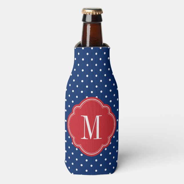 Red White and Blue Polka Dots Monogram Bottle Cooler (Bottle Front)