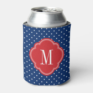 Red White and Blue Polka Dots Monogram Can Cooler