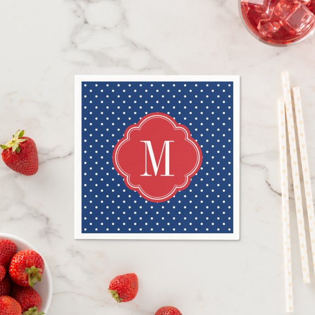 Red White and Blue Polka Dots Monogram Napkin (Insitu)