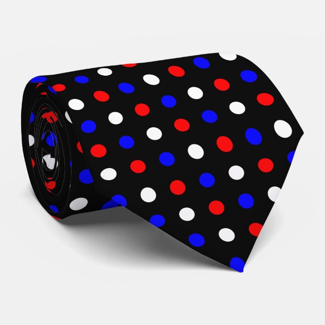 Red White and Blue Polka Dots on Black Tie (Rolled)