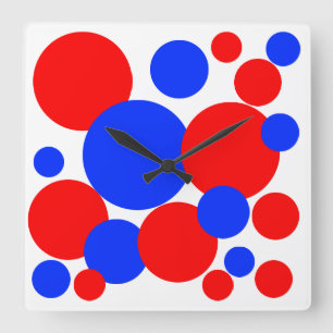 Red, White and Blue Polka Dots Square Wall Clock
