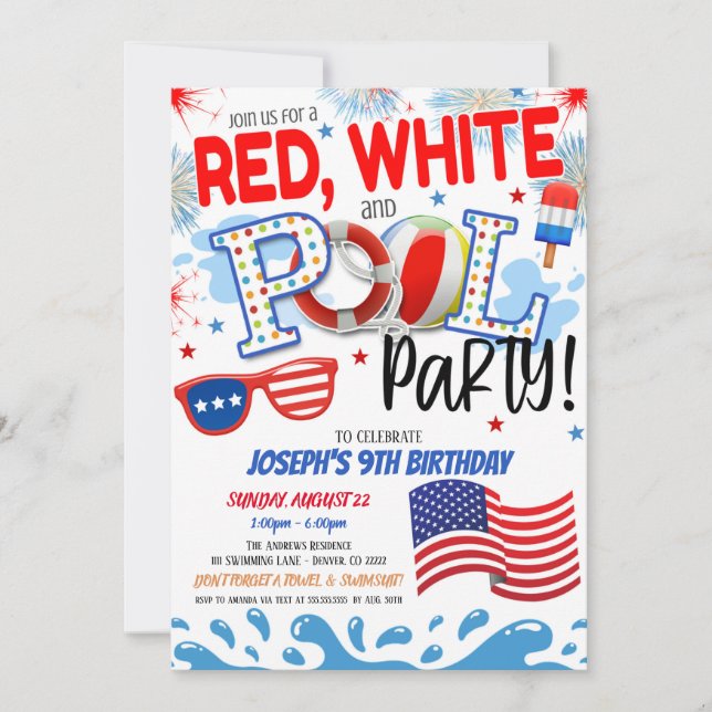 Red White and Blue Pool Party Invite (Front)